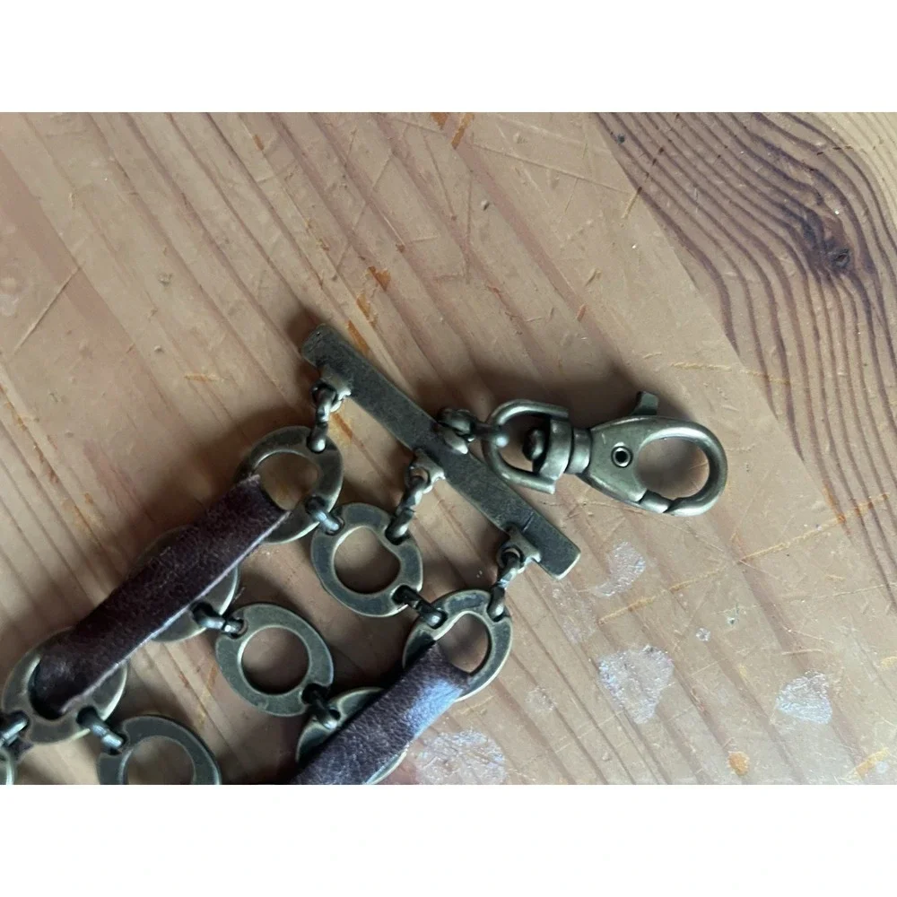 Vintage Brass & Brown Leather Chain Belt Adjustable Boho Hippie Festival 38